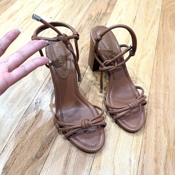 SCHUTZ Tan Brown Leather Kate Ankle Wrap Sandal Block Heel Tie Strap Size 6 - Picture 7 of 10